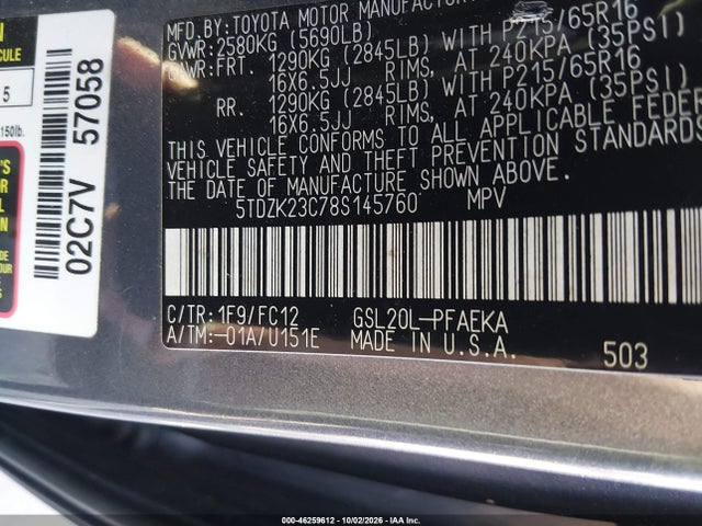 46259612 :رقم المزاد ، 5TDZK23C78S145760 vin ، 2008 Toyota Sienna Le مزاد بيع