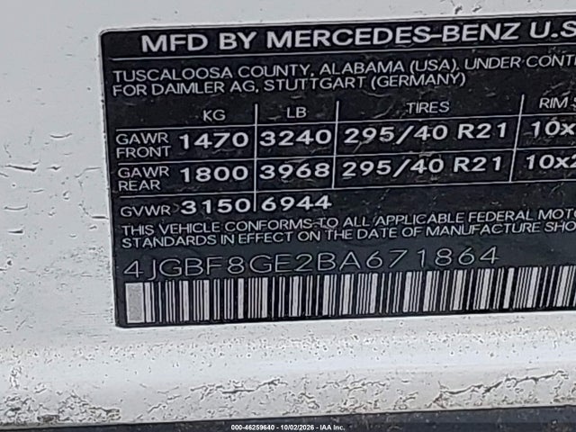 46259640 :رقم المزاد ، 4JGBF8GE2BA671864 vin ، 2011 Mercedes-benz Gl 550 4matic مزاد بيع