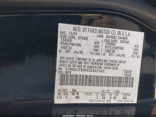 2002 Ford Explorer Limited მანქანა იყიდება აუქციონზე, vin: 1FMDU75W82ZB67342, აუქციონის ნომერი: 46259647
