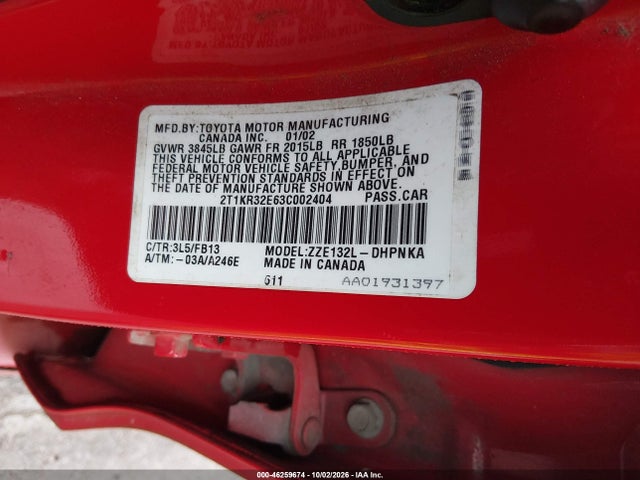 Aukcja sprzedaży 2003 Toyota Matrix Xr, vin: 2T1KR32E63C002404, numer aukcji: 46259674