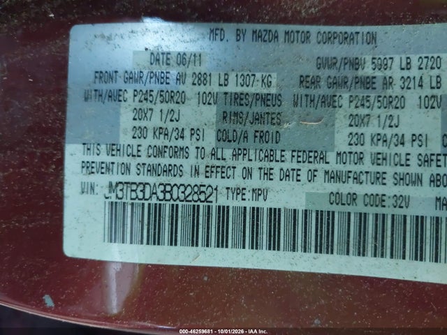 Продаж на аукціоні авто 2011 Mazda Cx-9 Grand Touring, vin: JM3TB3DA3B0328521, номер лоту: 46259681