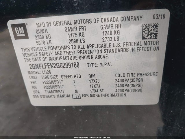 Aukcja sprzedaży 2016 Chevrolet Equinox Lt, vin: 2GNFLFEK2G6289180, numer aukcji: 46259697