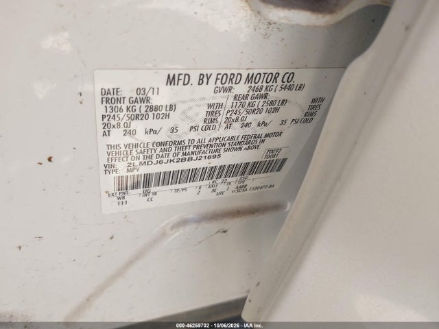 46259702 :رقم المزاد ، 2LMDJ6JK2BBJ21695 vin ، 2011 Lincoln Mkx مزاد بيع