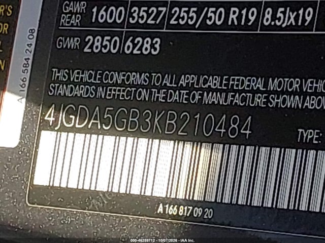 46259712 :رقم المزاد ، 4JGDA5GB3KB210484 vin ، 2019 Mercedes-benz Gle 400 4matic مزاد بيع