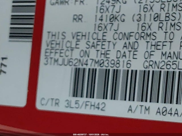 46259727 :رقم المزاد ، 3TMJU62N47M039816 vin ، 2007 Toyota Tacoma Prerunner V6 مزاد بيع