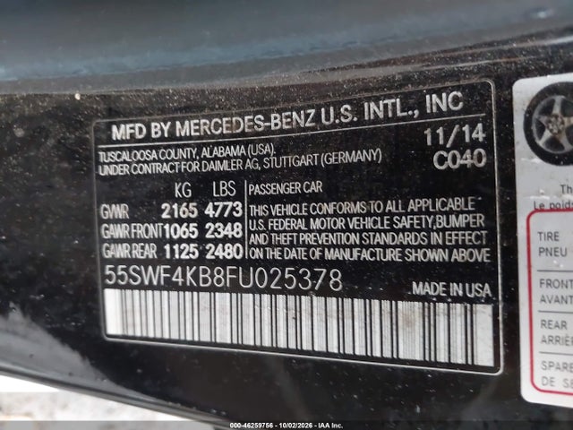 2015 Mercedes-benz C-class C 300 Luxury მანქანა იყიდება აუქციონზე, vin: 55SWF4KB8FU025378, აუქციონის ნომერი: 46259756