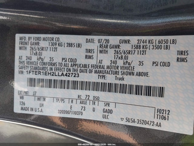Aukcja sprzedaży 2020 Ford Ranger Xl, vin: 1FTER1EH2LLA42723, numer aukcji: 46259780