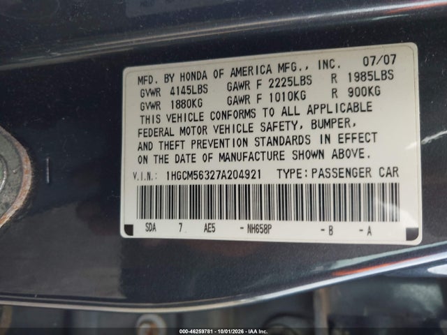 Продаж на аукціоні авто 2007 Honda Accord 2.4 Se, vin: 1HGCM56327A204921, номер лоту: 46259781