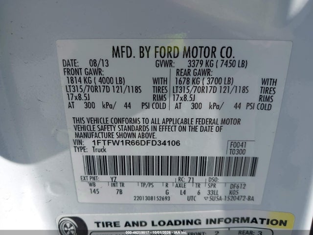 46259817 :رقم المزاد ، 1FTFW1R66DFD34106 vin ، 2013 Ford F-150 Svt Raptor مزاد بيع