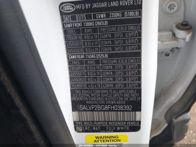 2015 Land Rover Range Rover Evoque Pure მანქანა იყიდება აუქციონზე, vin: SALVP2BG8FH038392, აუქციონის ნომერი: 46259829
