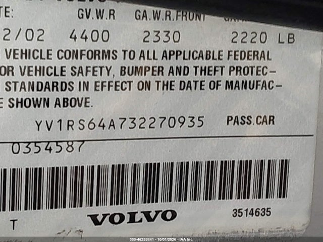 Продажа на аукционе авто 2003 Volvo S60 2.4, vin: YV1RS64A732270935, номер лота: 46259841