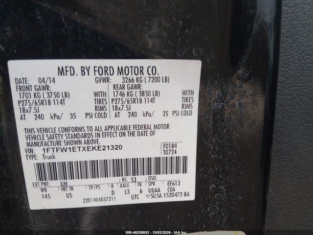 Продажа на аукционе авто 2014 Ford F-150 Xlt, vin: 1FTFW1ETXEKE21320, номер лота: 46259852