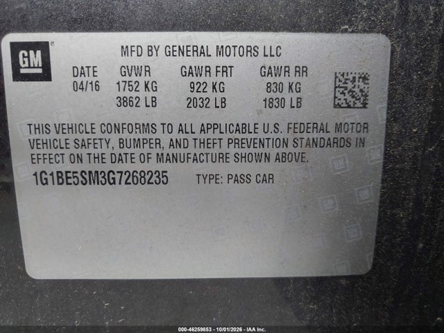 2016 Chevrolet Cruze Lt Auto მანქანა იყიდება აუქციონზე, vin: 1G1BE5SM3G7268235, აუქციონის ნომერი: 46259853