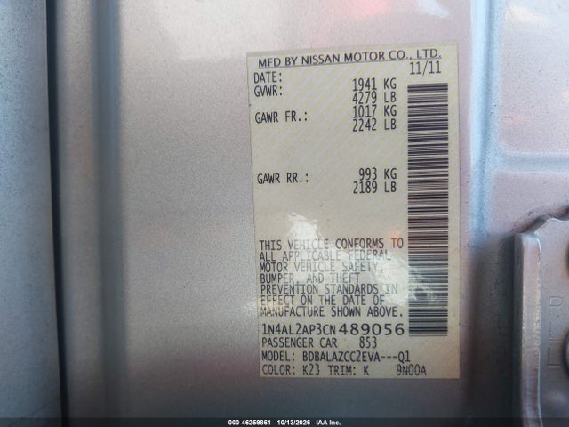 Aukcja sprzedaży 2012 Nissan Altima 2.5, vin: 1N4AL2AP3CN489056, numer aukcji: 46259861