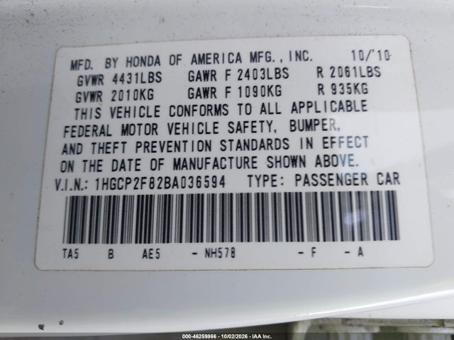 Продажа на аукционе авто 2011 Honda Accord 2.4 Ex-l, vin: 1HGCP2F82BA036594, номер лота: 46259866