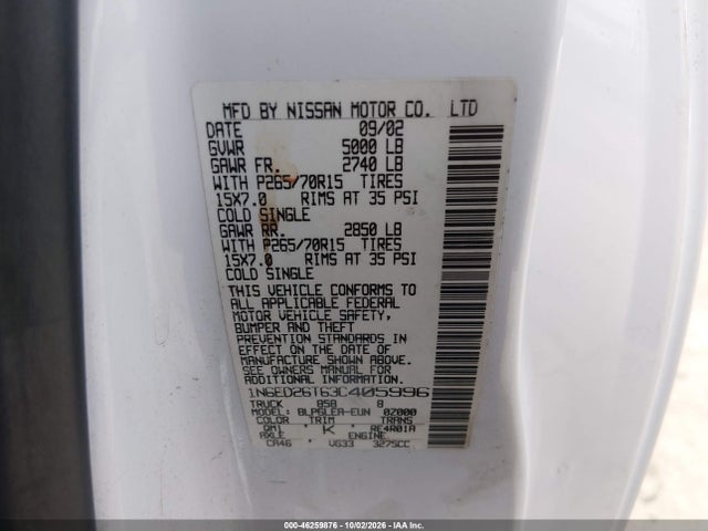 46259876 :رقم المزاد ، 1N6ED26T63C405996 vin ، 2003 Nissan Frontier Desert Runner Xe-v6 مزاد بيع
