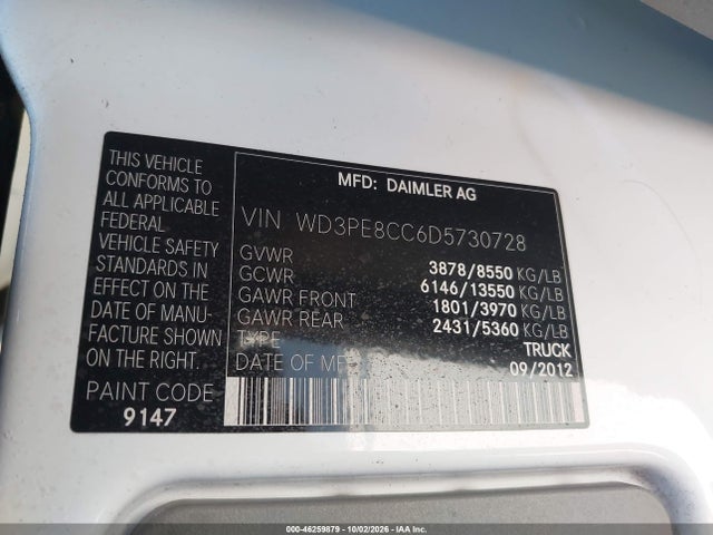 46259879 :رقم المزاد ، WD3PE8CC6D5730728 vin ، 2013 Mercedes-benz Sprinter 2500 High Roof مزاد بيع