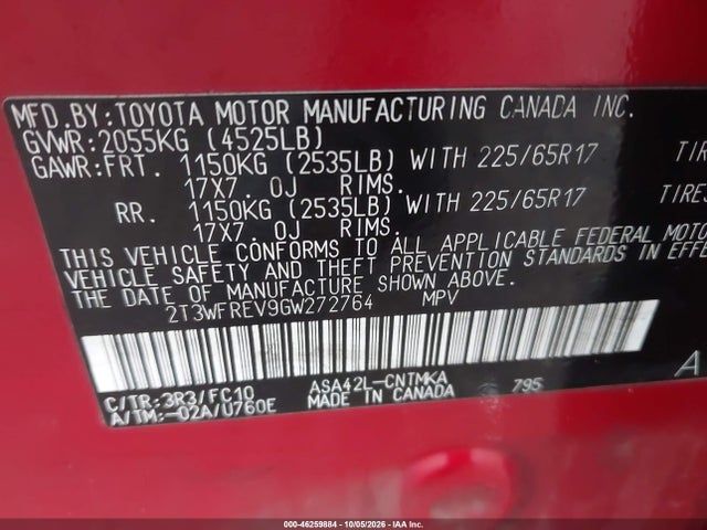 46259884 :رقم المزاد ، 2T3WFREV9GW272764 vin ، 2016 Toyota Rav4 Xle مزاد بيع