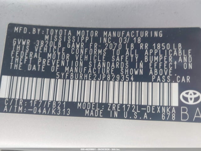 46259901 :رقم المزاد ، 5YFBURHE2JP829354 vin ، 2018 Toyota Corolla Le مزاد بيع