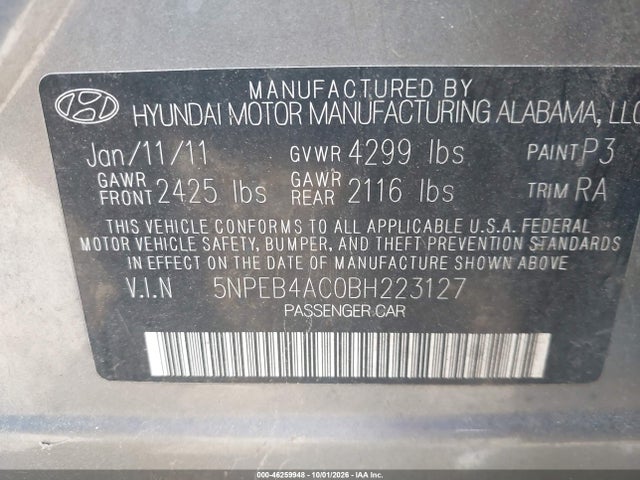 Aukcja sprzedaży 2011 Hyundai Sonata Gls, vin: 5NPEB4AC0BH223127, numer aukcji: 46259948
