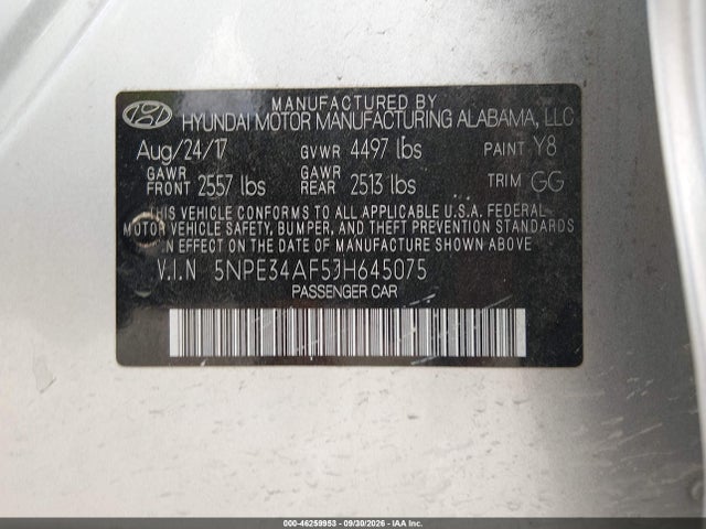 46259953 :رقم المزاد ، 5NPE34AF5JH645075 vin ، 2018 Hyundai Sonata Sel مزاد بيع