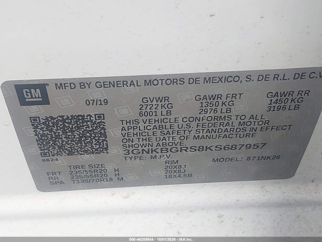 2019 Chevrolet Blazer მანქანა იყიდება აუქციონზე, vin: 3GNKBGRS8KS687957, აუქციონის ნომერი: 46259954
