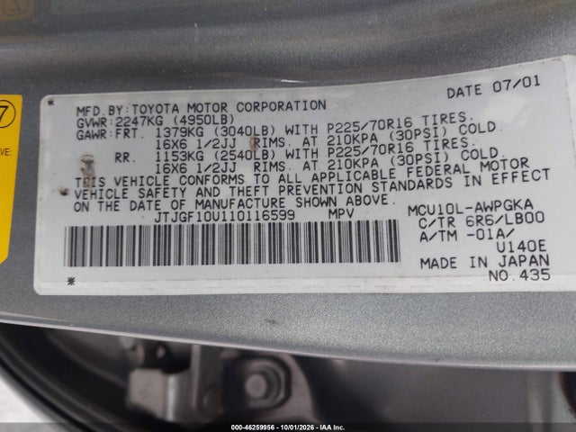 Продаж на аукціоні авто 2001 Lexus Rx 300, vin: JTJGF10U110116599, номер лоту: 46259956