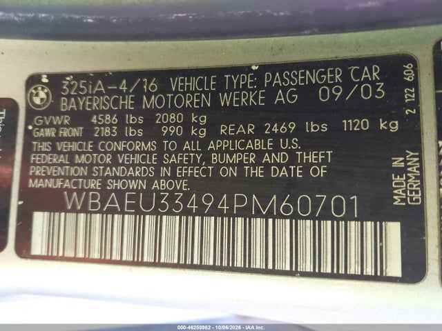 46259962 :رقم المزاد ، WBAEU33494PM60701 vin ، 2004 Bmw 325xi مزاد بيع