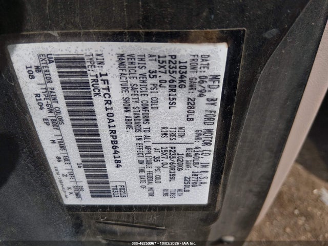 1994 Ford Ranger მანქანა იყიდება აუქციონზე, vin: 1FTCR10A1RPB64184, აუქციონის ნომერი: 46259967