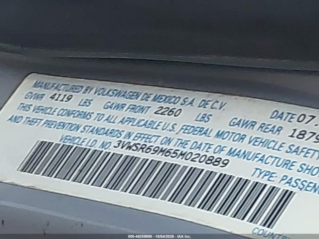 Aukcja sprzedaży 2005 Volkswagen Jetta Gls Tdi, vin: 3VWSR69M65M020889, numer aukcji: 46259998
