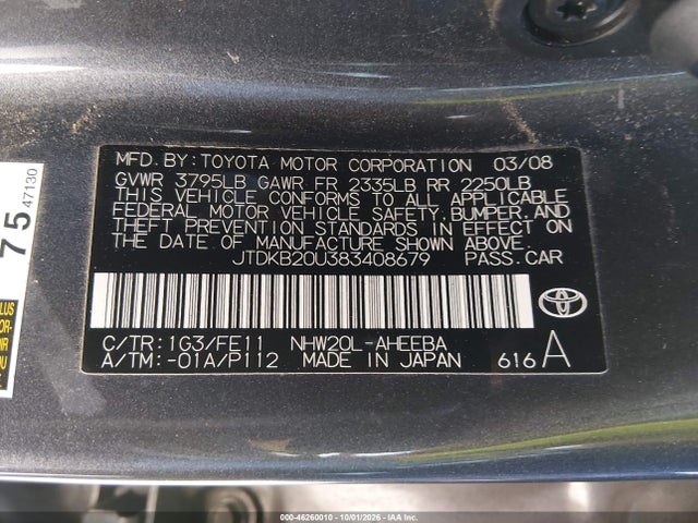 Aukcja sprzedaży 2008 Toyota Prius, vin: JTDKB20U383408679, numer aukcji: 46260010