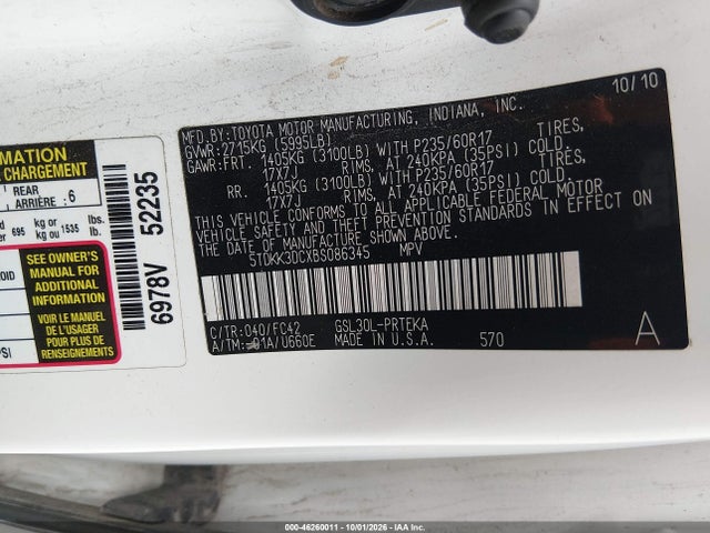 Продаж на аукціоні авто 2011 Toyota Sienna Le V6, vin: 5TDKK3DCXBS086345, номер лоту: 46260011