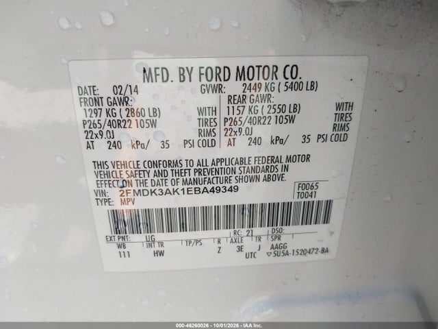 2014 Ford Edge Sport მანქანა იყიდება აუქციონზე, vin: 2FMDK3AK1EBA49349, აუქციონის ნომერი: 46260026