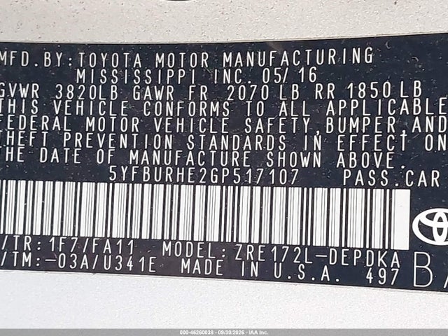 Продаж на аукціоні авто 2016 Toyota Corolla L, vin: 5YFBURHE2GP517107, номер лоту: 46260038
