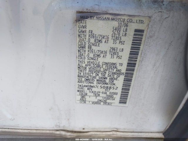 46260061 :رقم المزاد ، 5N1AN08WX7C508852 vin ، 2007 Nissan Xterra Off Road مزاد بيع
