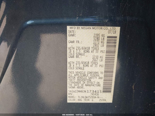Продаж на аукціоні авто 2018 Nissan Murano Sv, vin: 5N1AZ2MH6JN173415, номер лоту: 46260065