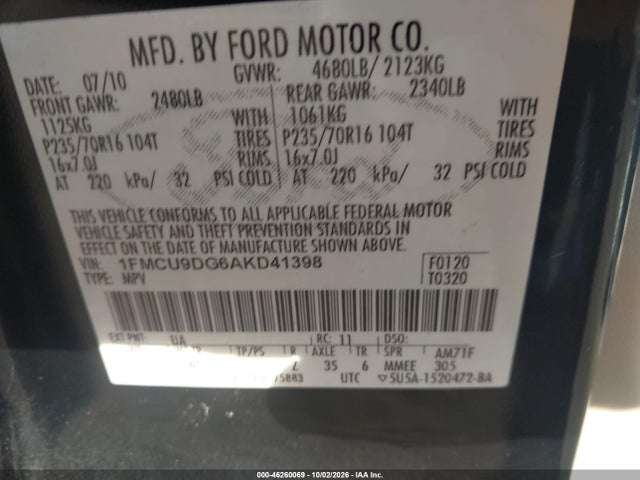 Продажа на аукционе авто 2010 Ford Escape Xlt, vin: 1FMCU9DG6AKD41398, номер лота: 46260069