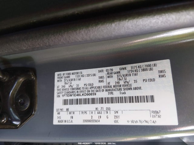2020 Ford F-150 Xlt მანქანა იყიდება აუქციონზე, vin: 1FTEW1E48LKD90859, აუქციონის ნომერი: 46260071