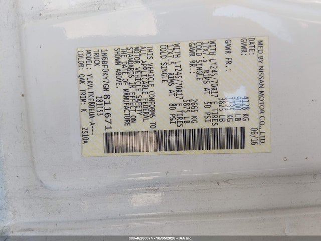 Aukcja sprzedaży 2016 Nissan Nv Cargo Nv2500 Hd Sv V6, vin: 1N6BF0KY7GN811671, numer aukcji: 46260074
