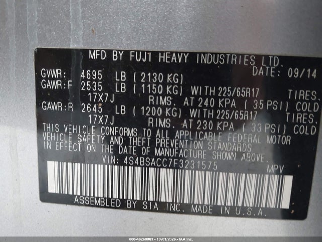 Subaru Outback 2.5i Premium 2015 4S4BSACC7F3231575 Image 9