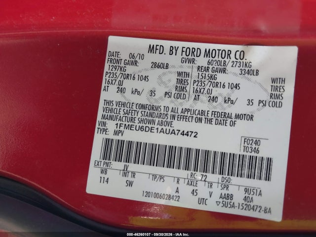 Продаж на аукціоні авто 2010 Ford Explorer Xlt, vin: 1FMEU6DE1AUA74472, номер лоту: 46260107