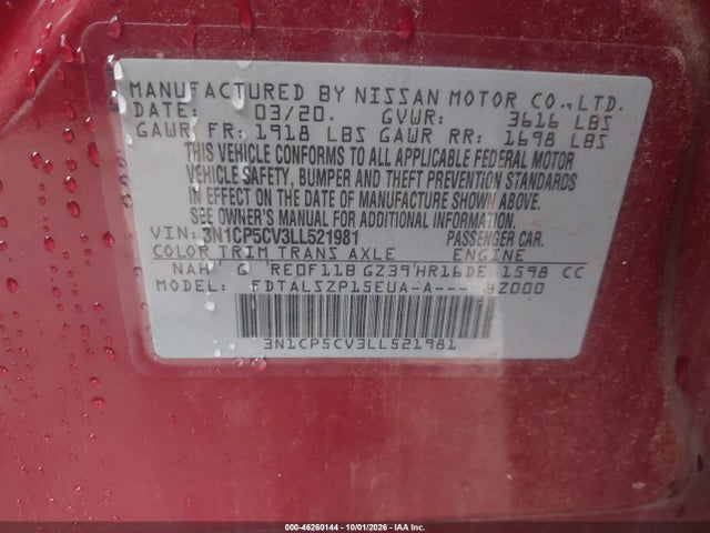 Aukcja sprzedaży 2020 Nissan Kicks Sv Xtronic Cvt, vin: 3N1CP5CV3LL521981, numer aukcji: 46260144
