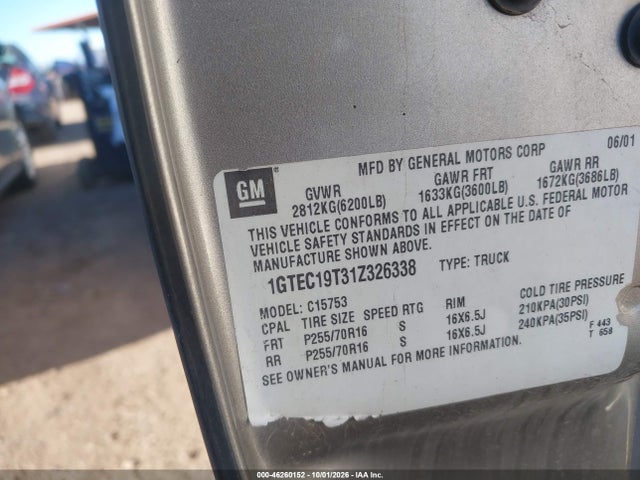 46260152 :رقم المزاد ، 1GTEC19T31Z326338 vin ، 2001 Gmc Sierra 1500 Sl مزاد بيع