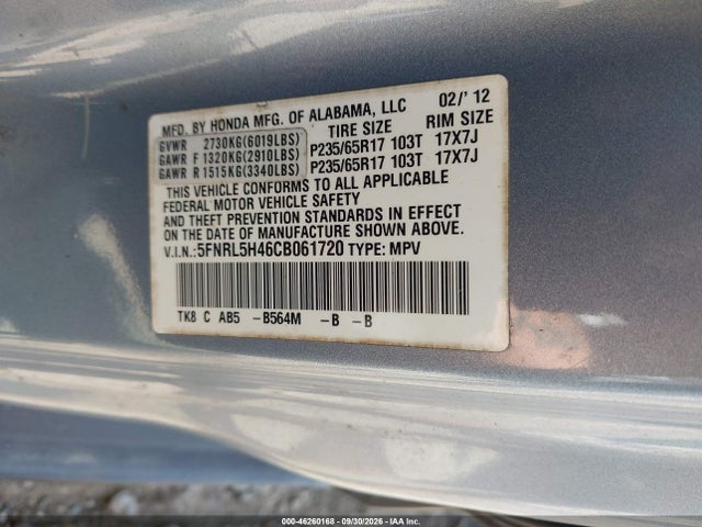 Продажа на аукционе авто 2012 Honda Odyssey Ex, vin: 5FNRL5H46CB061720, номер лота: 46260168