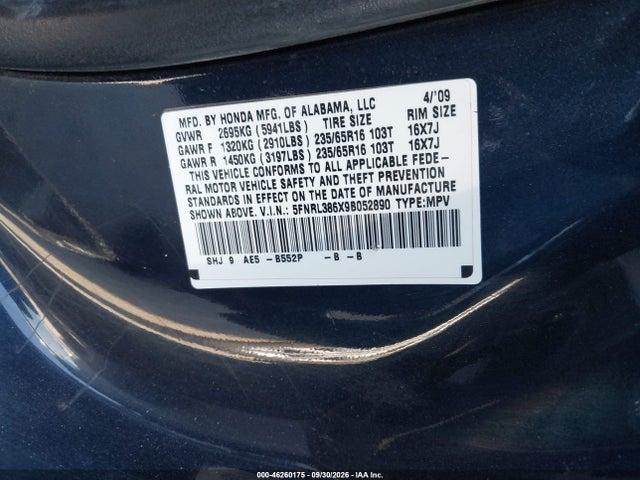 2009 Honda Odyssey Ex-l მანქანა იყიდება აუქციონზე, vin: 5FNRL386X9B052890, აუქციონის ნომერი: 46260175
