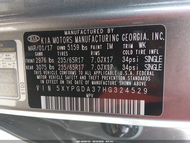 Продаж на аукціоні авто 2017 Kia Sorento 2.4l Lx, vin: 5XYPGDA37HG324529, номер лоту: 46260183