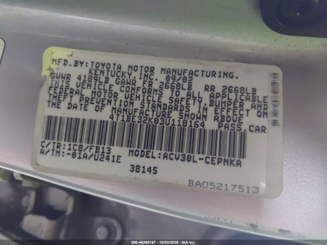 Aukcja sprzedaży 2003 Toyota Camry Le, vin: 4T1BE32K03U118164, numer aukcji: 46260197