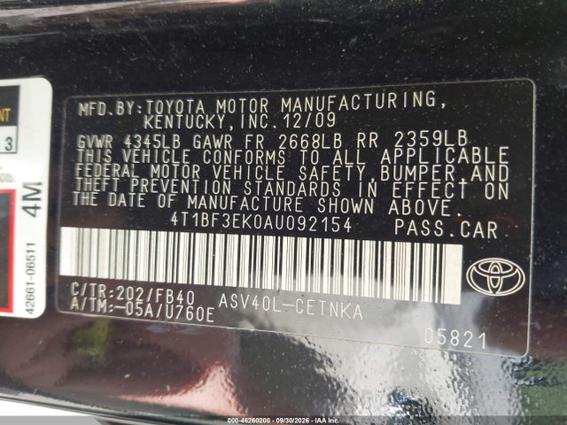 Продажа на аукционе авто 2010 Toyota Camry Le, vin: 4T1BF3EK0AU092154, номер лота: 46260200