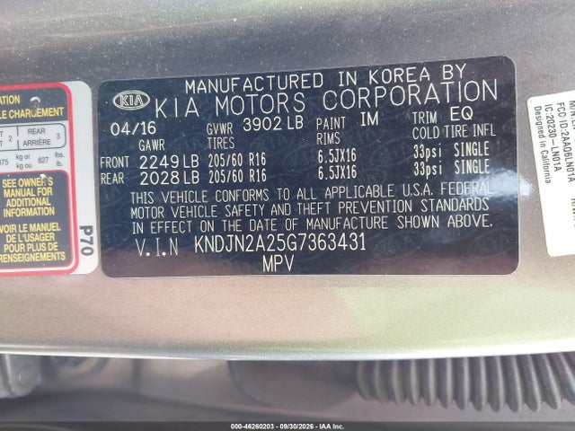 2016 Kia Soul მანქანა იყიდება აუქციონზე, vin: KNDJN2A25G7363431, აუქციონის ნომერი: 46260203