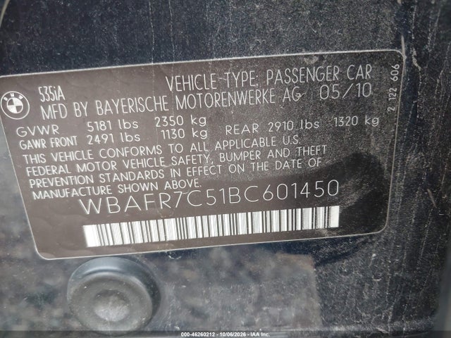 2011 Bmw 535i მანქანა იყიდება აუქციონზე, vin: WBAFR7C51BC601450, აუქციონის ნომერი: 46260212